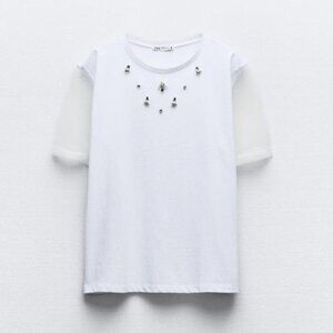✨ ZARA Sheer Organza Embellished Tee‎ - New ✨